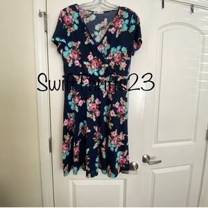 Navy Blue Dress with Floral Print -Size XL